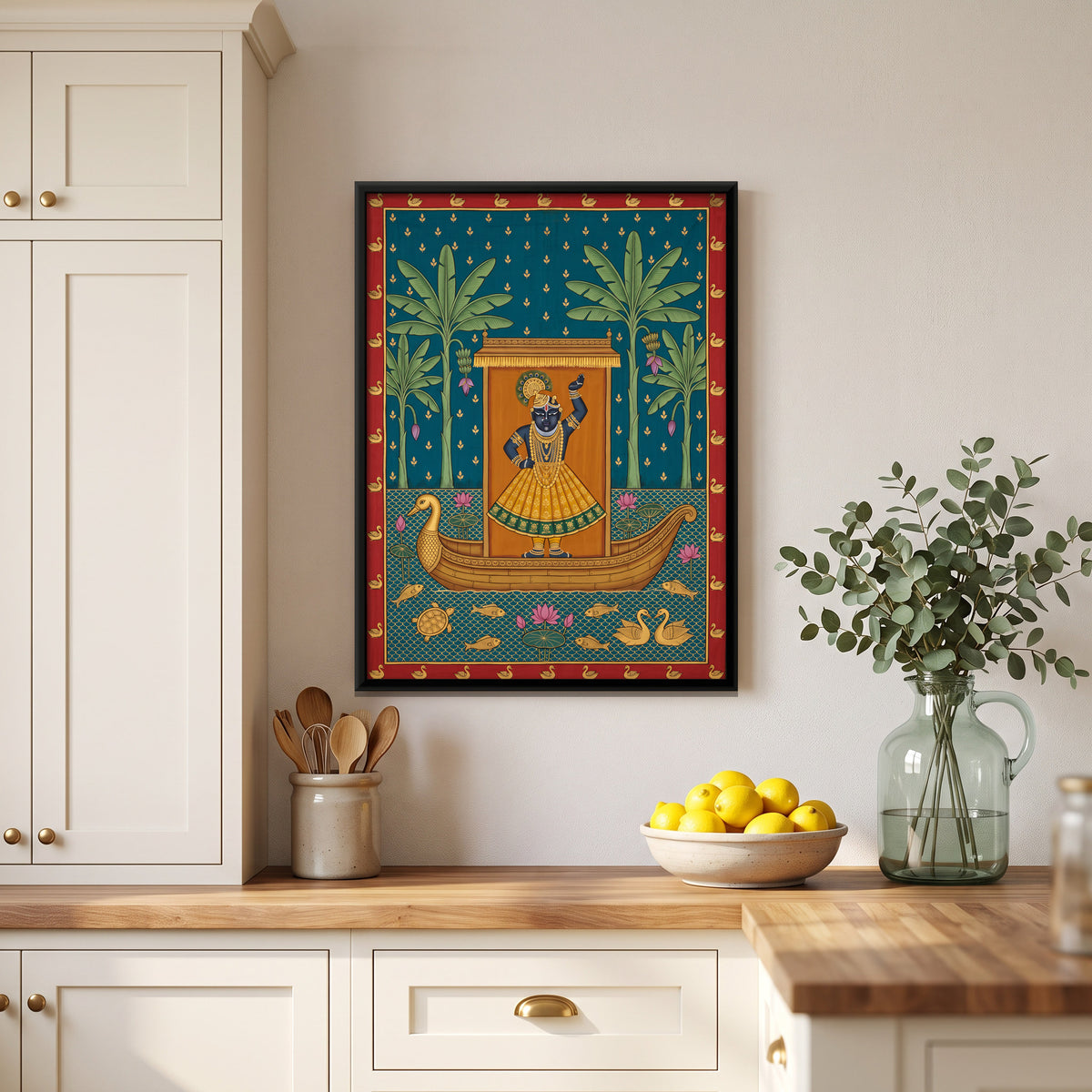 Shrinathji's Boat Beneath Banana Trees - canvas art shown in a second room setting