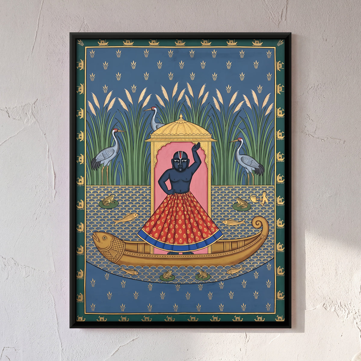 Shrinathji's Boat Among Reeds and Cranes - framed canvas art hung on a wall