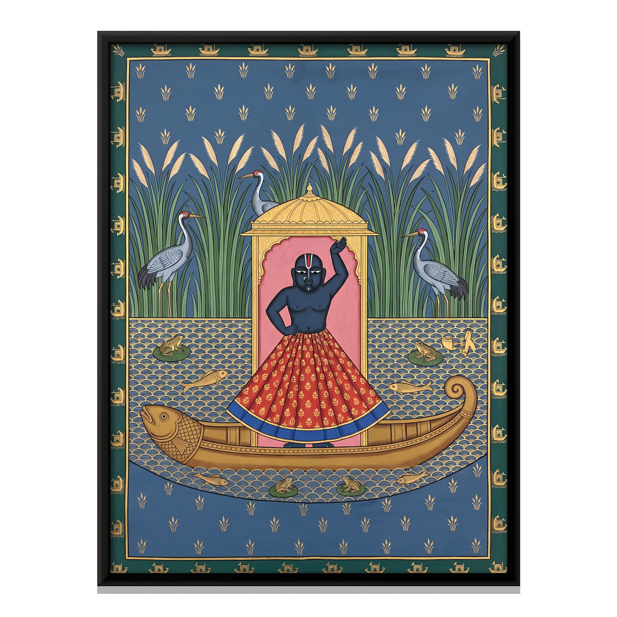 Shrinathji's Boat Among Reeds and Cranes - framed canvas print, front view
