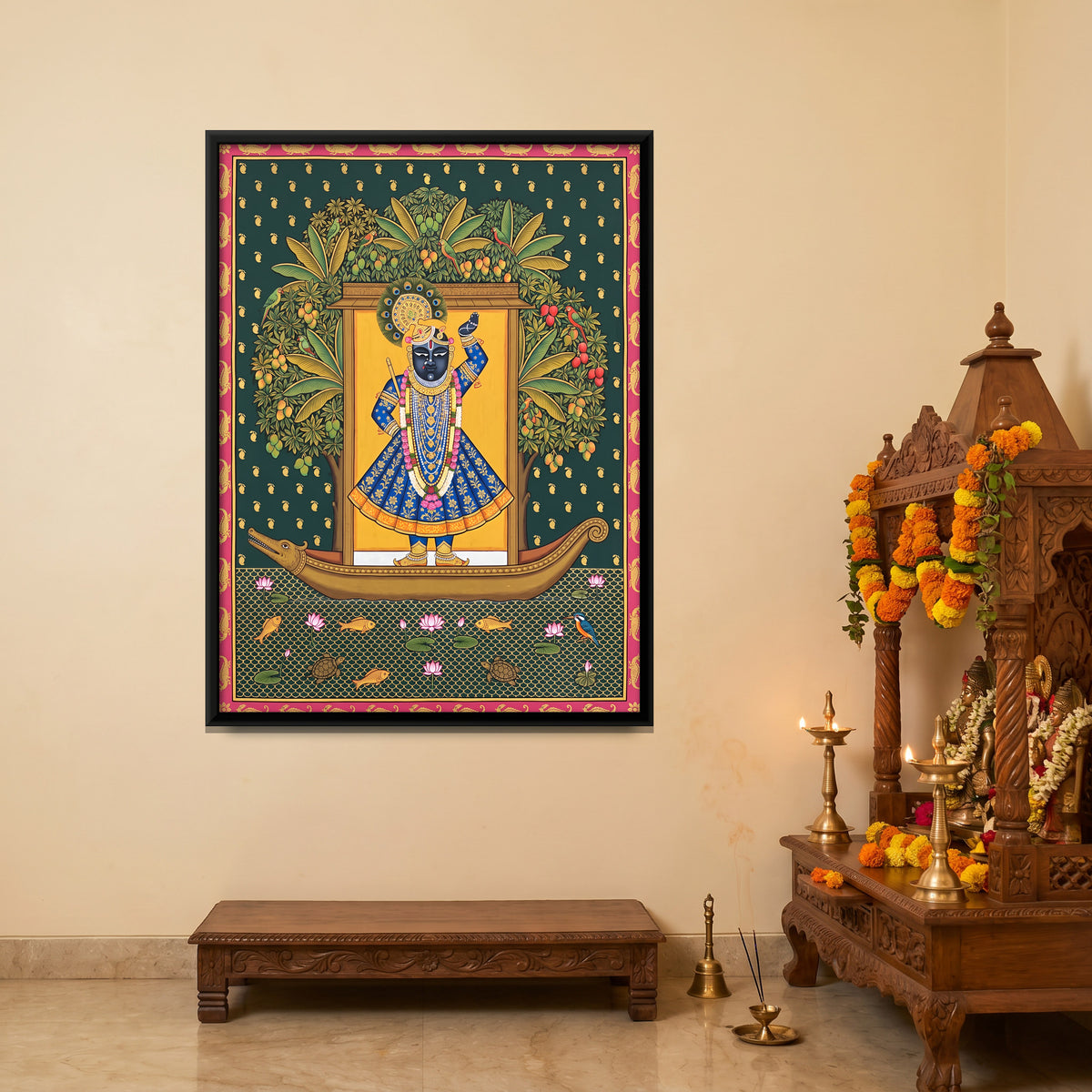 Shrinathji's Boat Beneath a Mango Tree - canvas art shown in a styled room