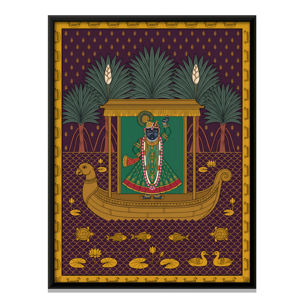 Shrinathji's Boat Beneath Screwpine Trees - framed canvas print, front view