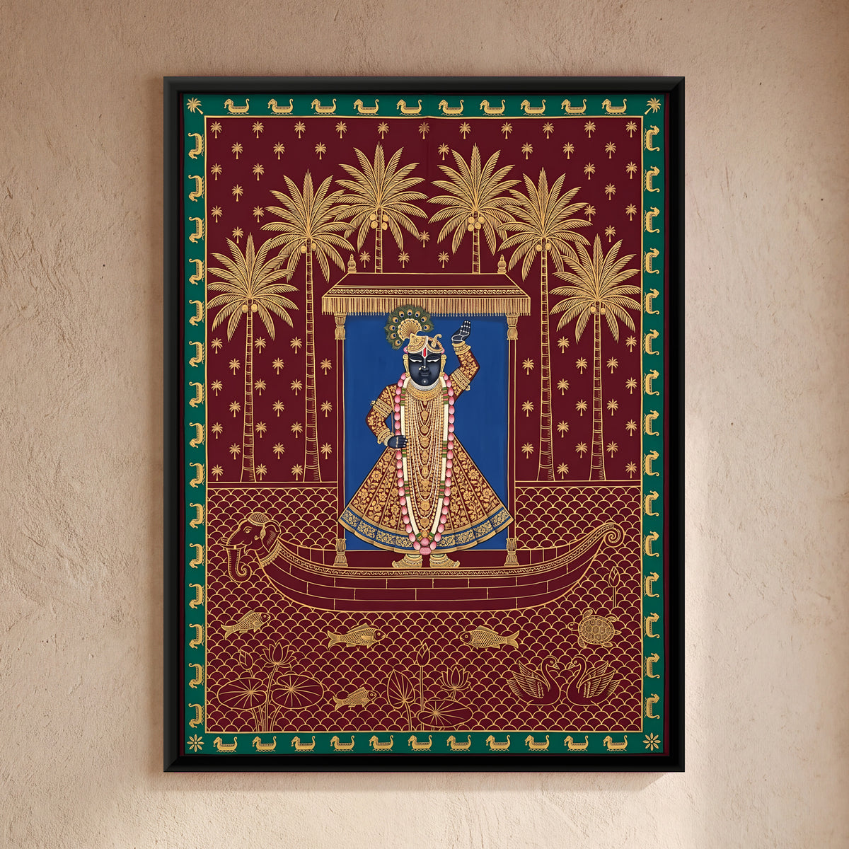 Shrinathji's Boat Beneath Palm Trees - framed canvas art hung on a wall