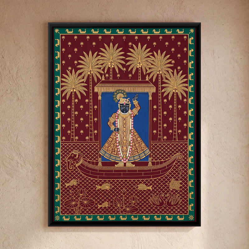 Shrinathji's Boat Beneath Palm Trees - framed canvas art hung on a wall