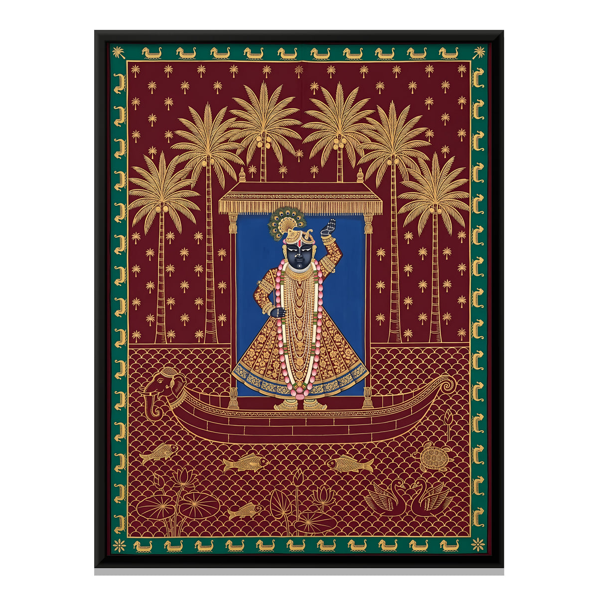 Shrinathji's Boat Beneath Palm Trees - framed canvas print, front view