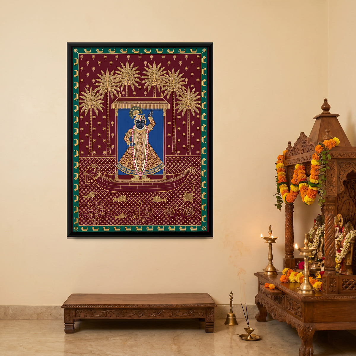 Shrinathji's Boat Beneath Palm Trees - canvas art shown in a second room setting