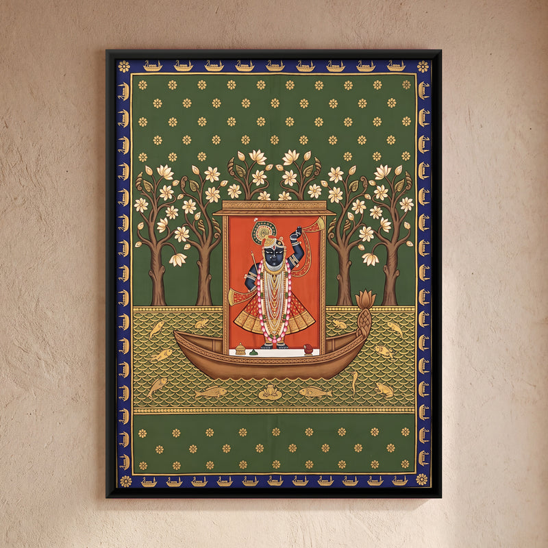 Shrinathji's Boat Among Frangipani Trees - framed canvas art hung on a wall