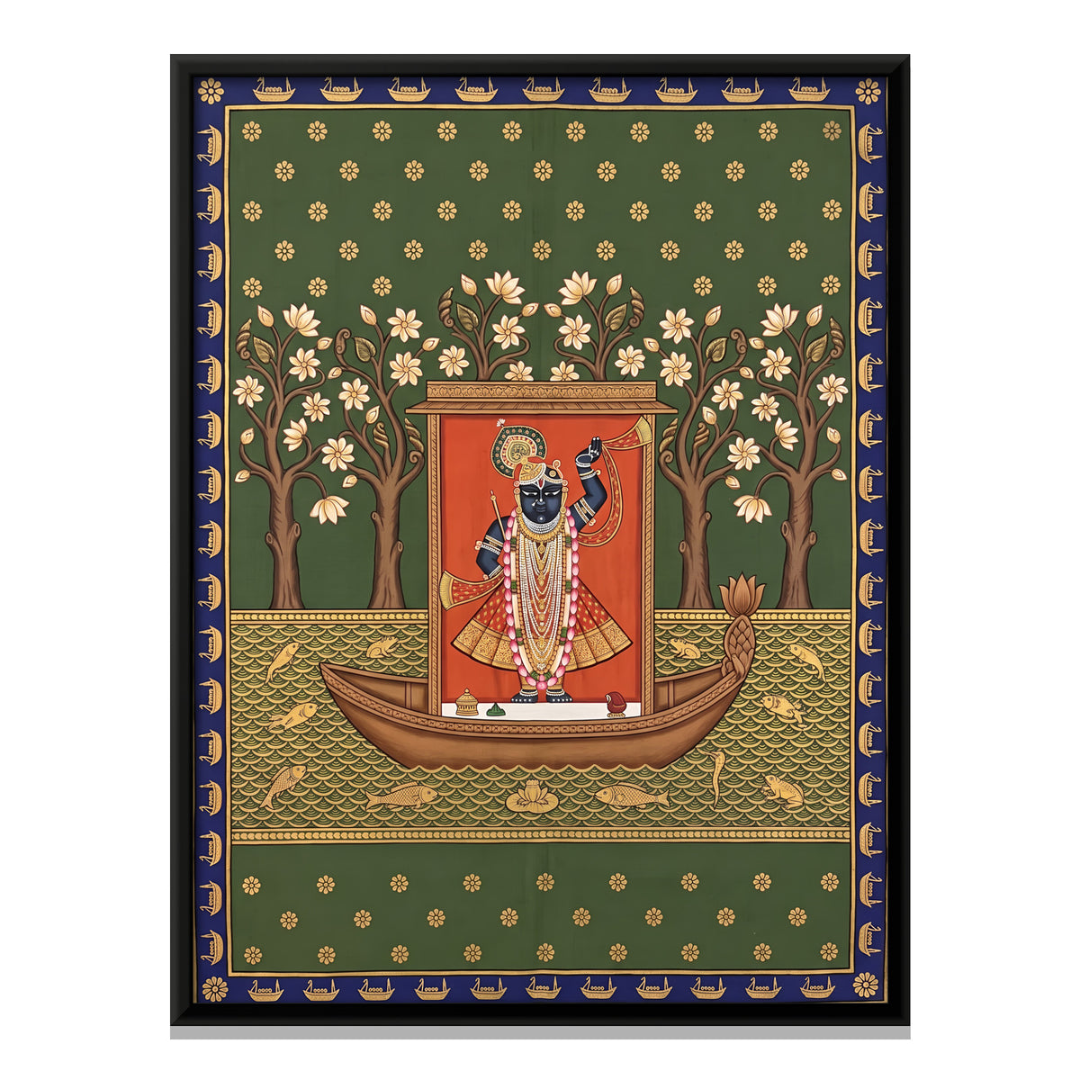 Shrinathji's Boat Among Frangipani Trees - framed canvas print, front view