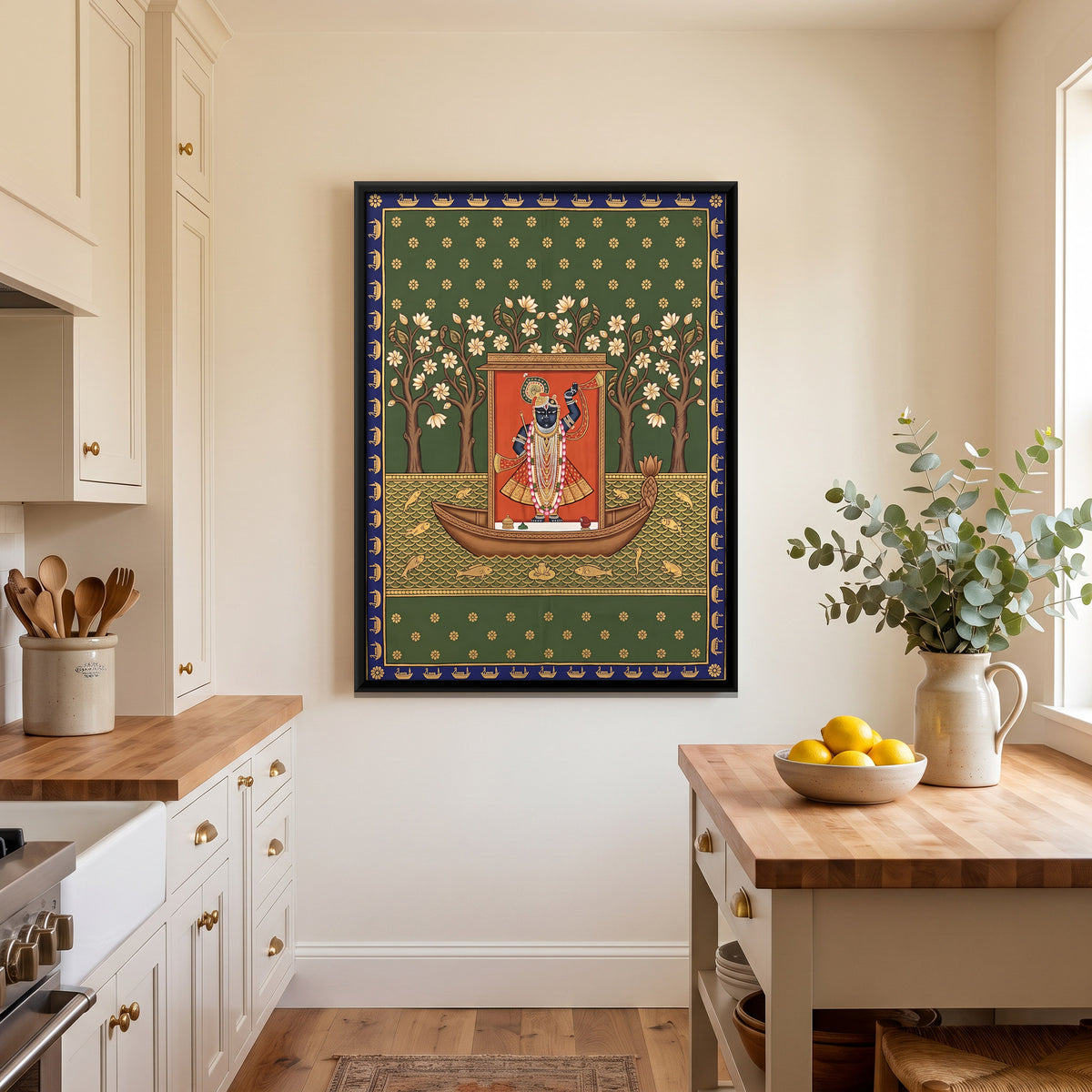 Shrinathji's Boat Among Frangipani Trees - canvas art shown in a styled room