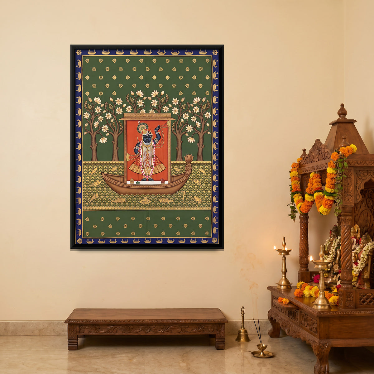 Shrinathji's Boat Among Frangipani Trees - canvas art shown in a second room setting