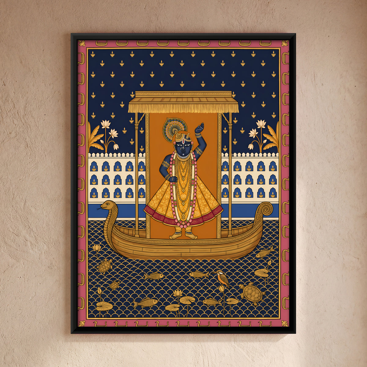 Shrinathji's Boat Among Oil Lamps - framed canvas art hung on a wall