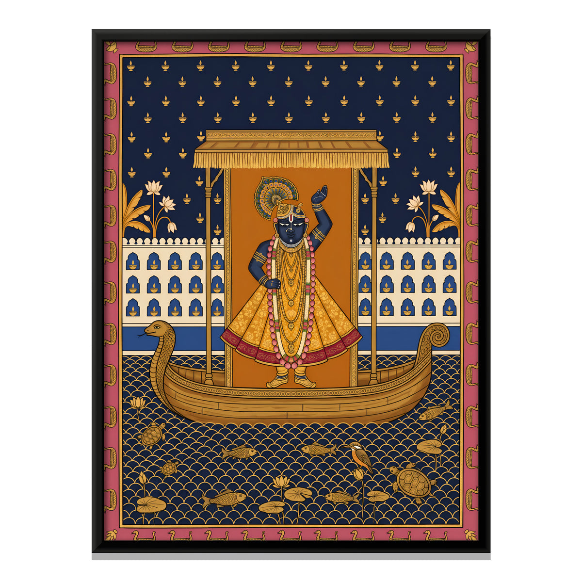 Shrinathji's Boat Among Oil Lamps - framed canvas print, front view