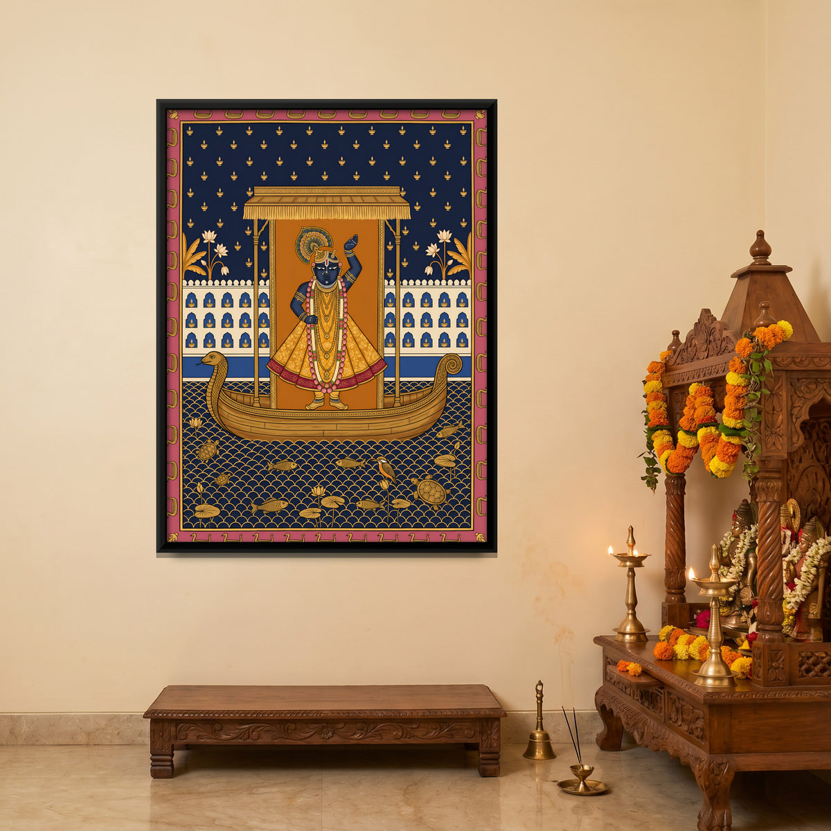 Shrinathji's Boat Among Oil Lamps - canvas art shown in a styled room