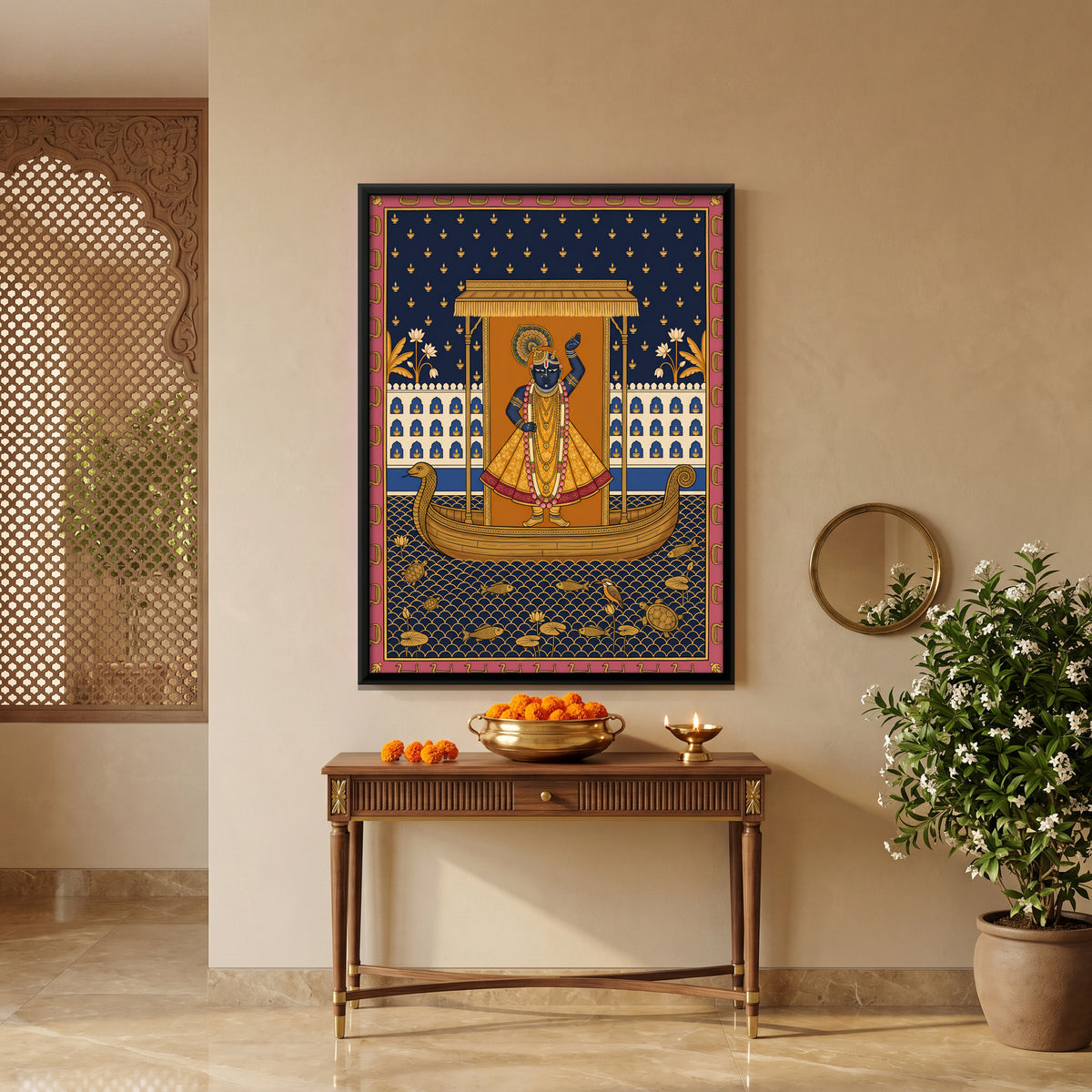 Shrinathji's Boat Among Oil Lamps - canvas art shown in a second room setting