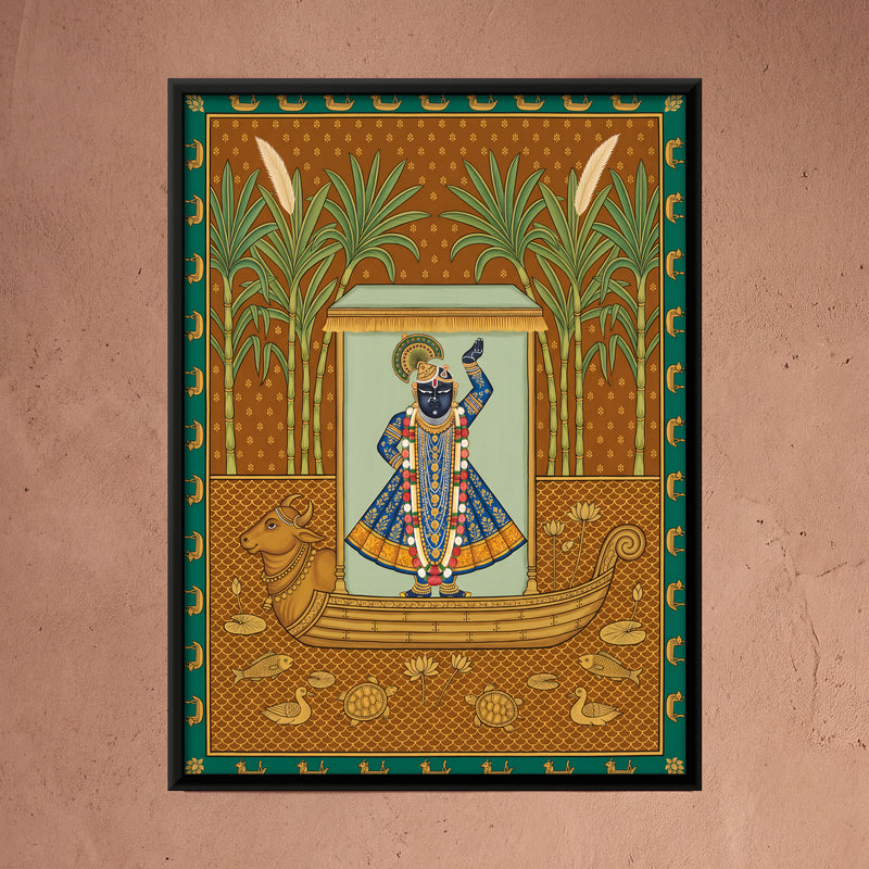 Shrinathji's Boat Among Sugarcane - framed canvas art hung on a wall