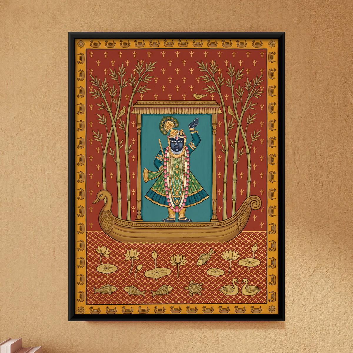 Shrinathji's Boat Among Bamboo - framed canvas art hung on a wall