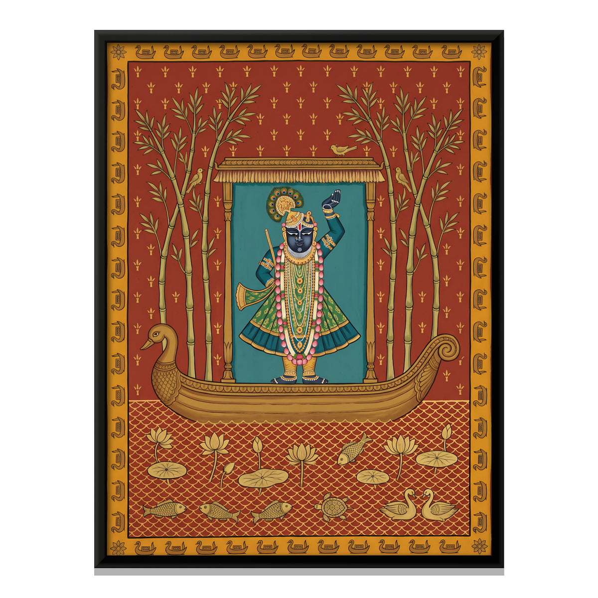 Shrinathji's Boat Among Bamboo - framed canvas print, front view