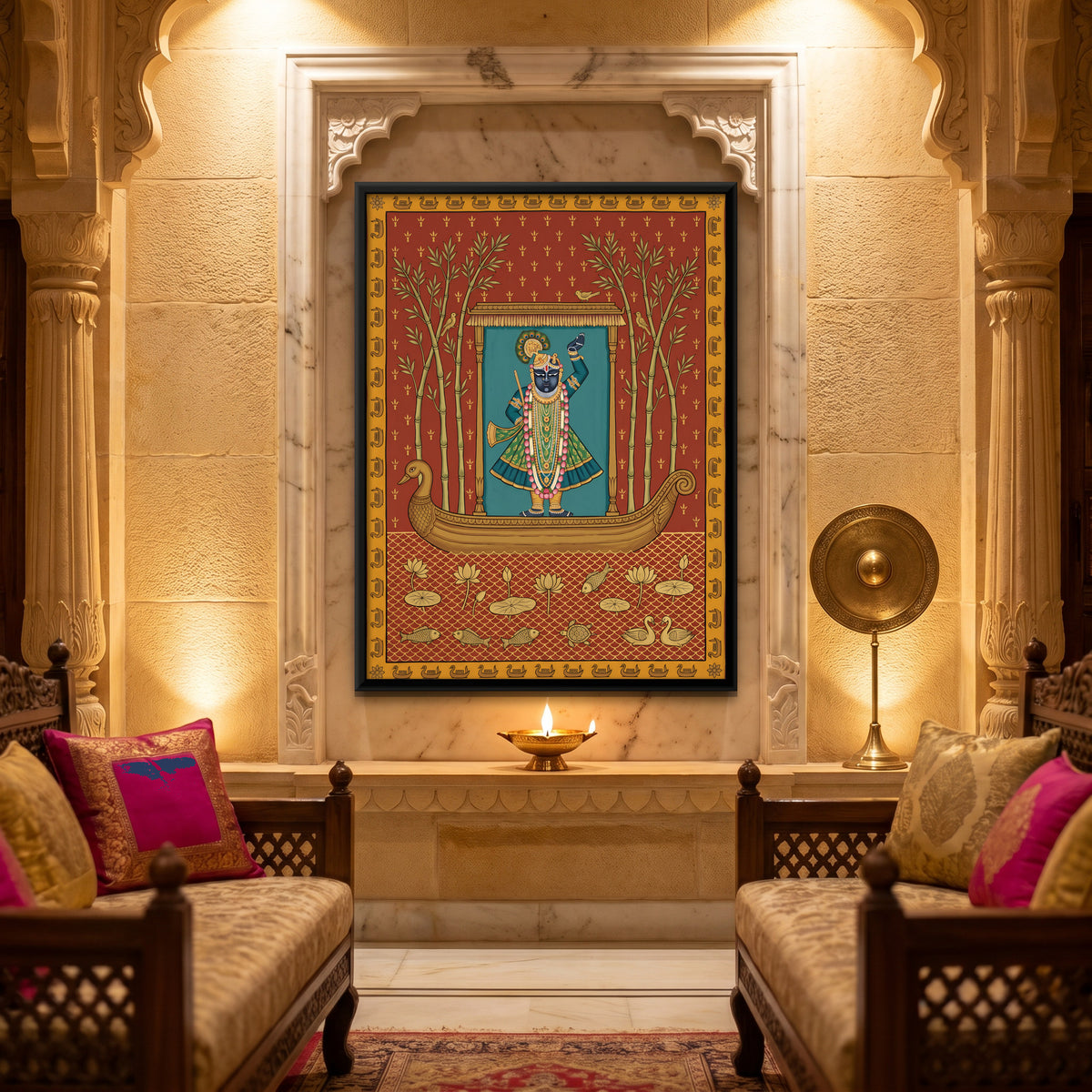 Shrinathji's Boat Among Bamboo - canvas art shown in a styled room