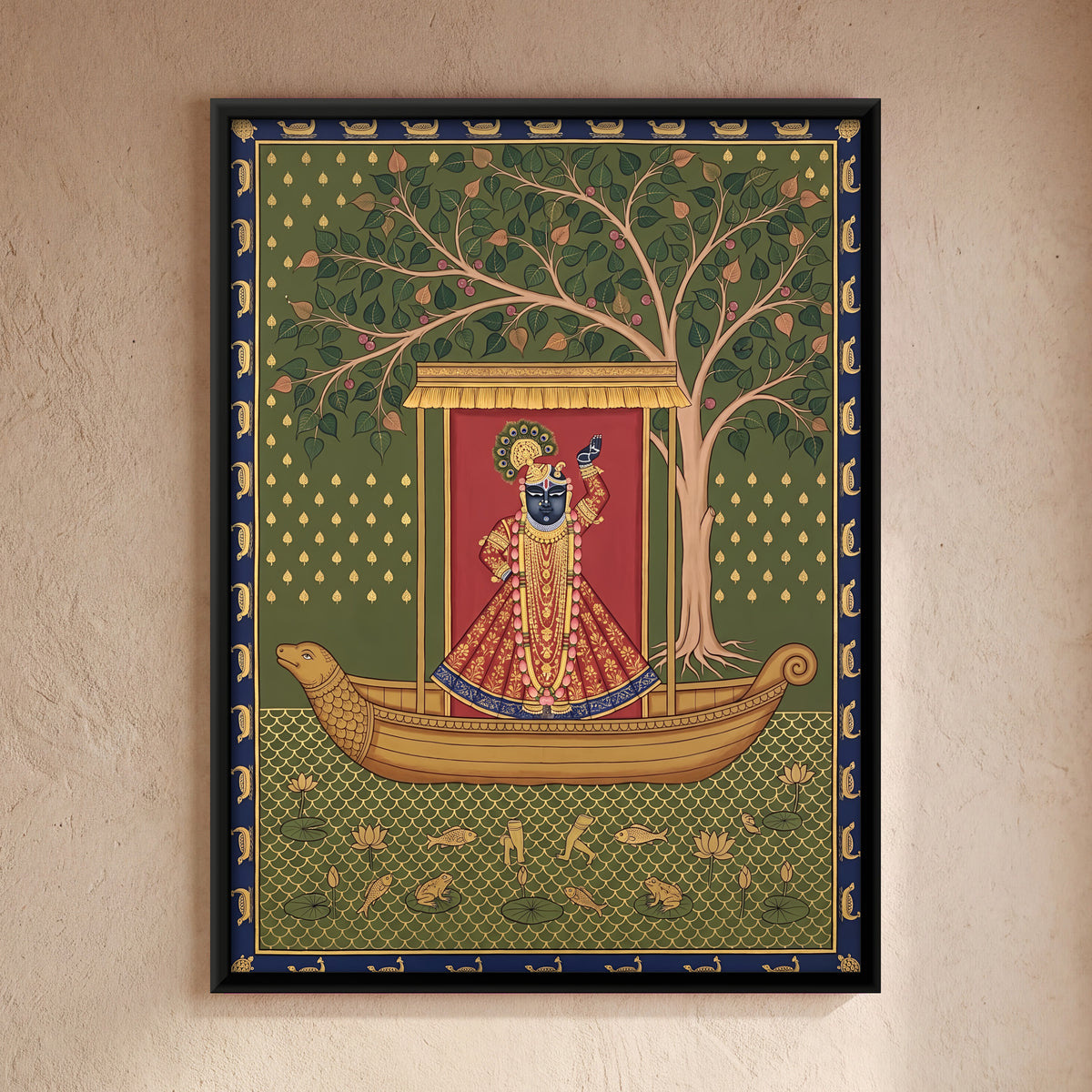 Shrinathji's Boat Beneath a Peepal Tree - framed canvas art hung on a wall