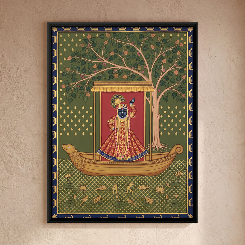 Shrinathji's Boat Beneath a Peepal Tree - framed canvas art hung on a wall