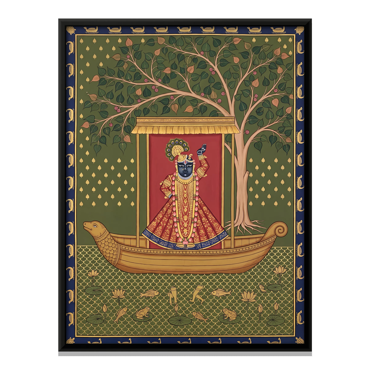 Shrinathji's Boat Beneath a Peepal Tree - framed canvas print, front view