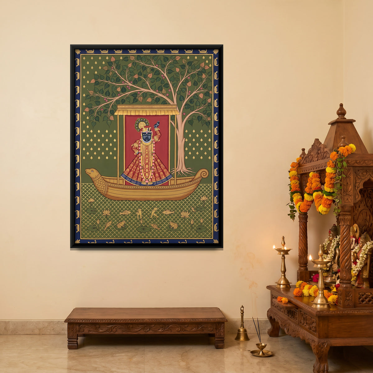 Shrinathji's Boat Beneath a Peepal Tree - canvas art shown in a second room setting