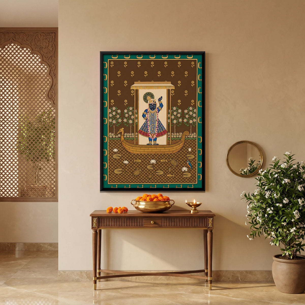 Shrinathji's Boat Among Night Jasmine - canvas art shown in a second room setting