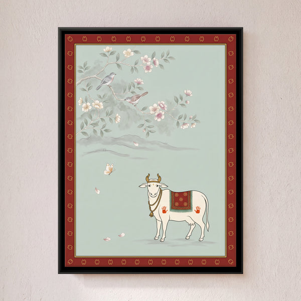 Decorated Cow Beneath a Blossom Branch