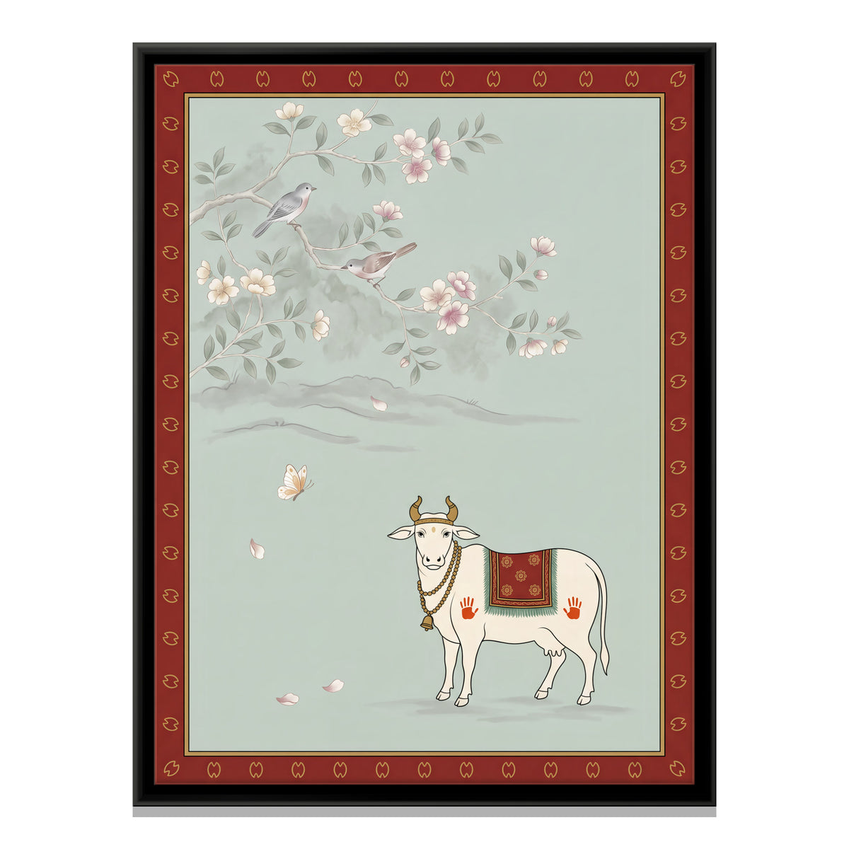 Gau Mata Beneath a Blossom Branch - framed canvas print, front view