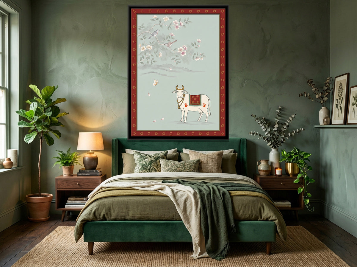Gau Mata Beneath a Blossom Branch - canvas art shown in a styled room