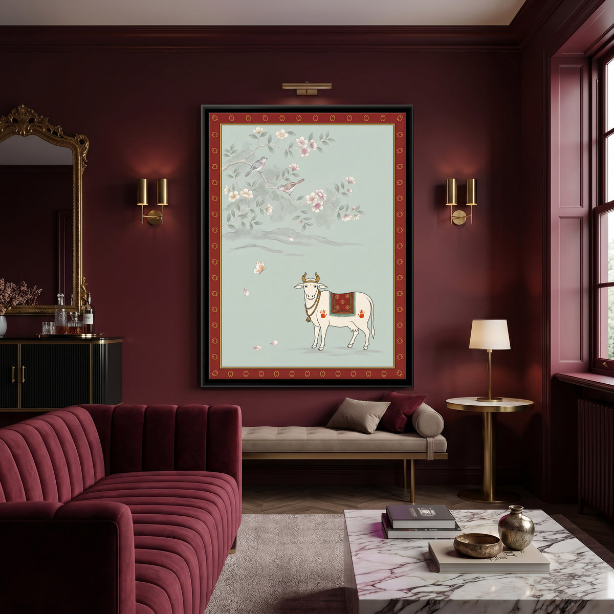 Gau Mata Beneath a Blossom Branch - canvas art shown in a second room setting