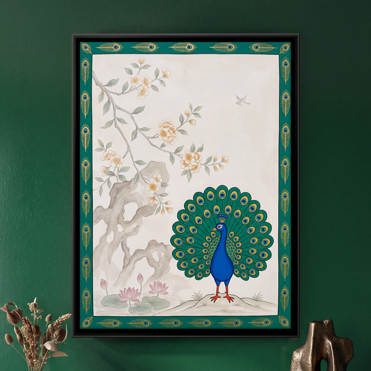 Peacock in Full Display - framed canvas art hung on a wall