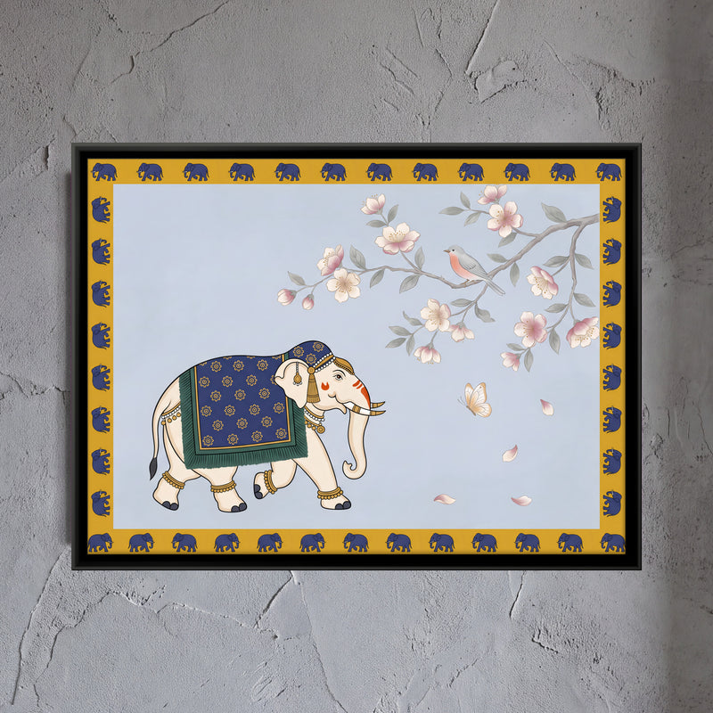 Decorated Elephant Beneath Blossoms - framed canvas art hung on a wall