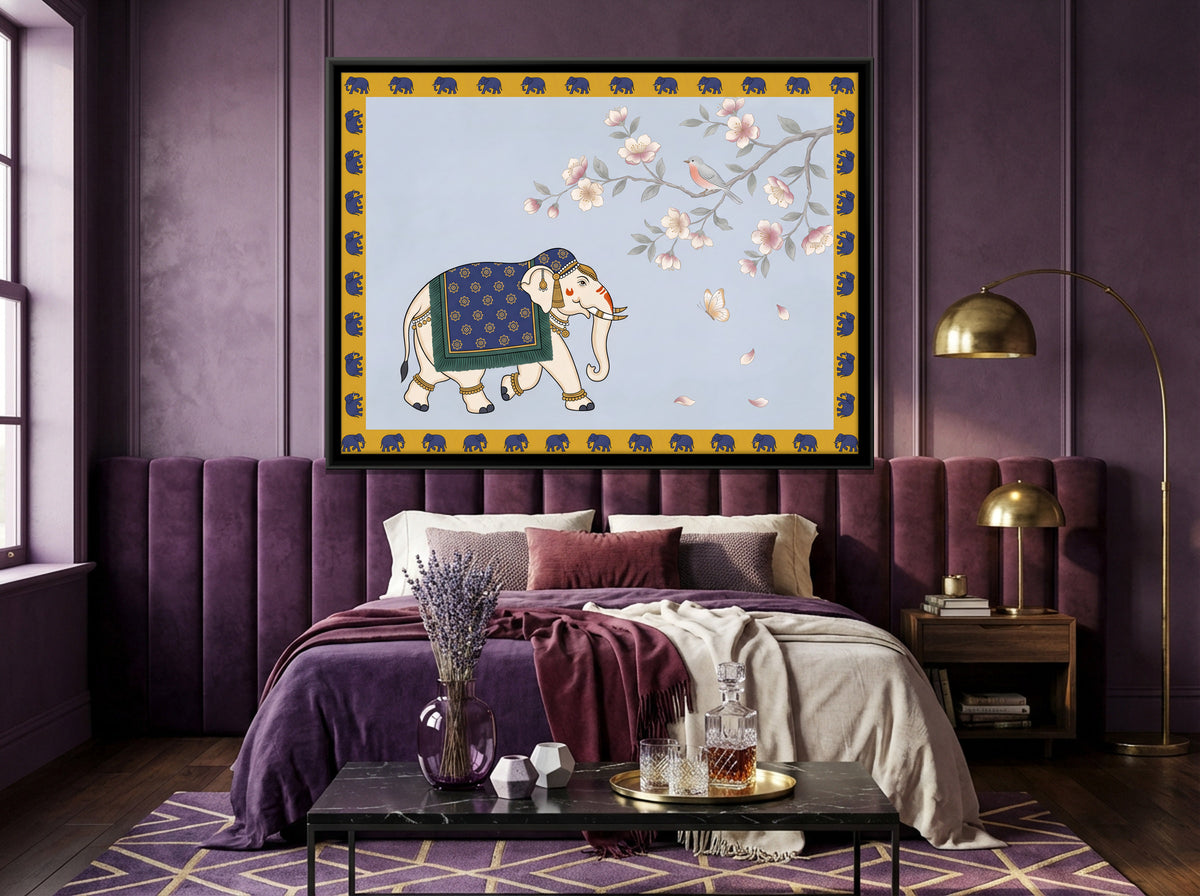 Decorated Elephant Beneath Blossoms - canvas art shown in a styled room