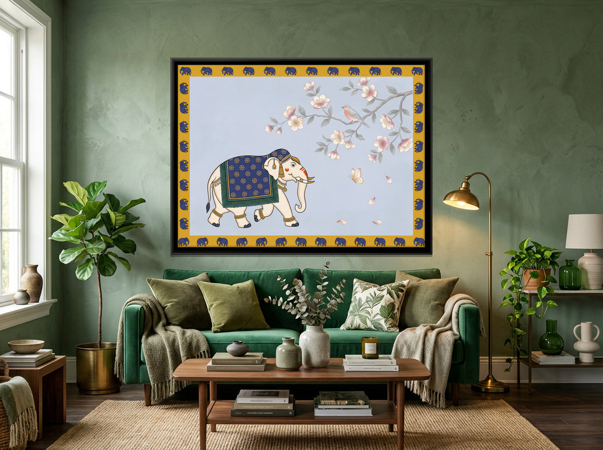 Decorated Elephant Beneath Blossoms - canvas art shown in a second room setting