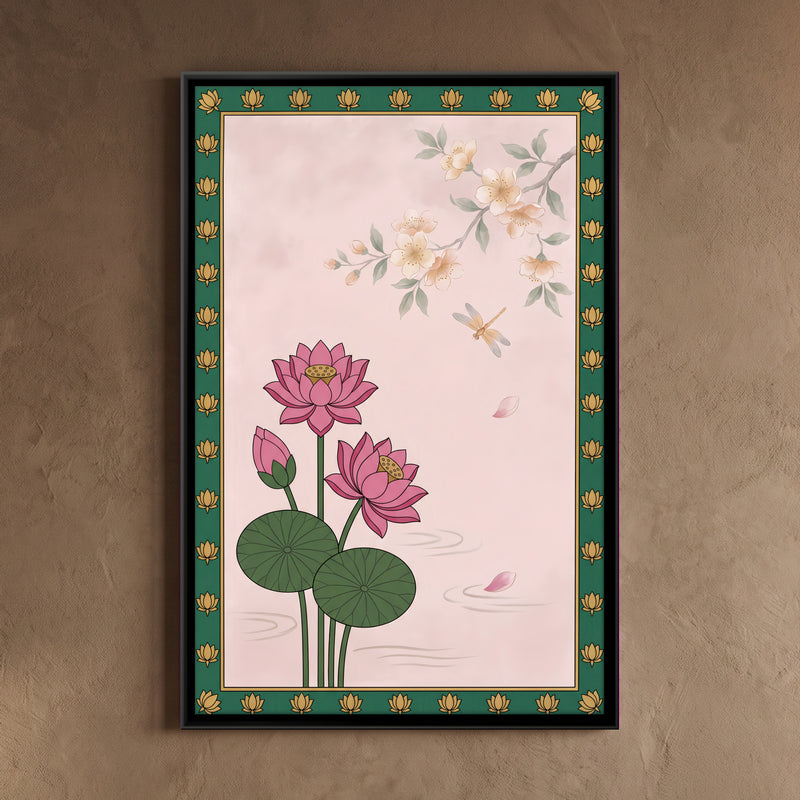 Lotus Blooms and Dragonfly - framed canvas art hung on a wall