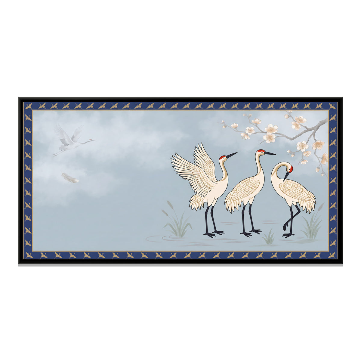 Three Cranes Among Reeds - framed canvas print, front view