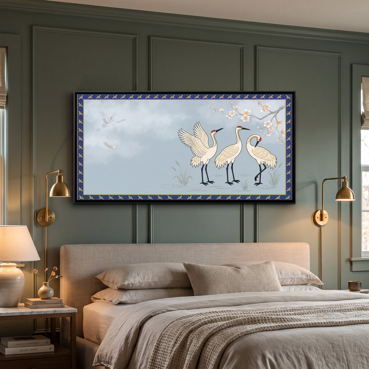 Three Cranes Among Reeds - canvas art shown in a second room setting