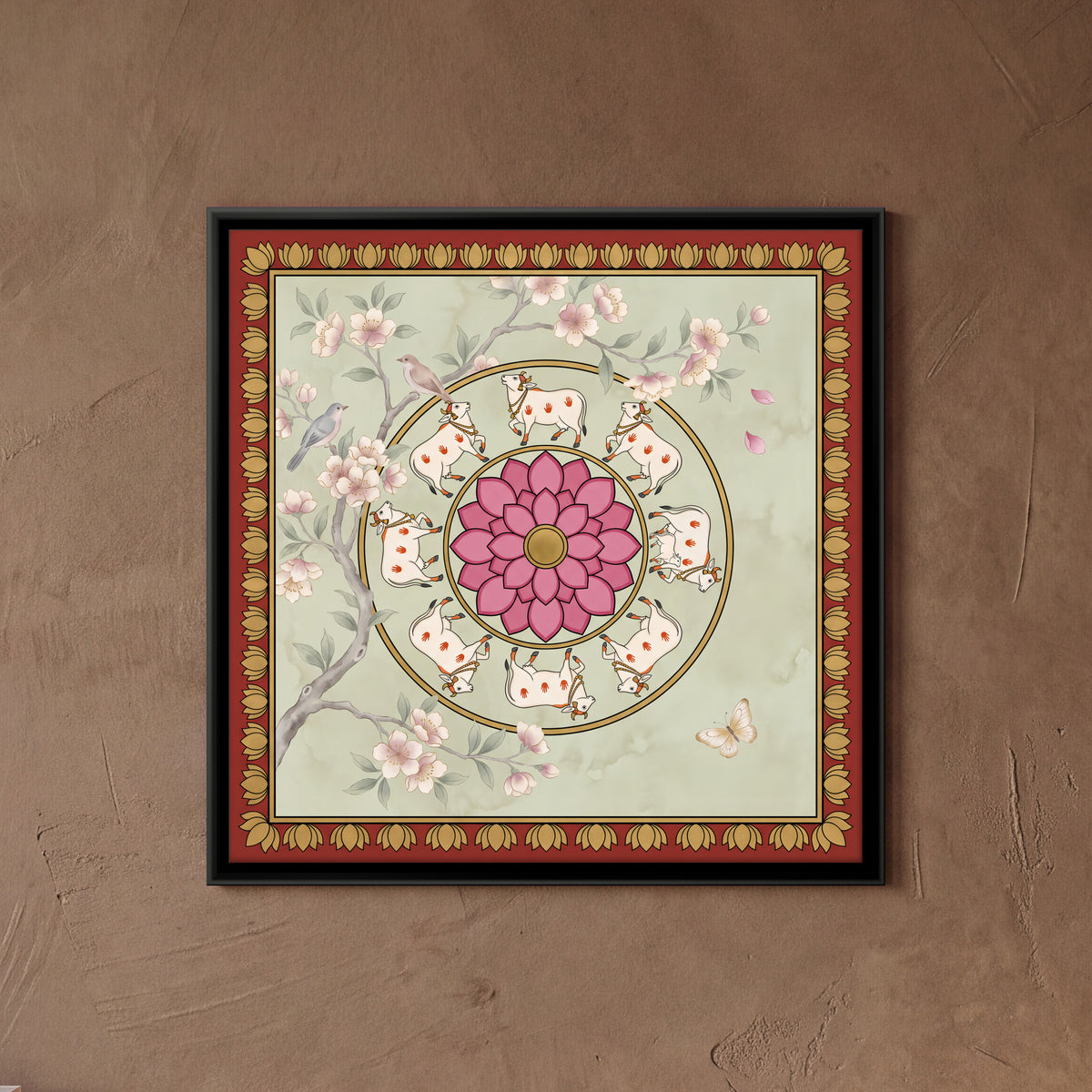 Cows Circling a Lotus Mandala - framed canvas art hung on a wall