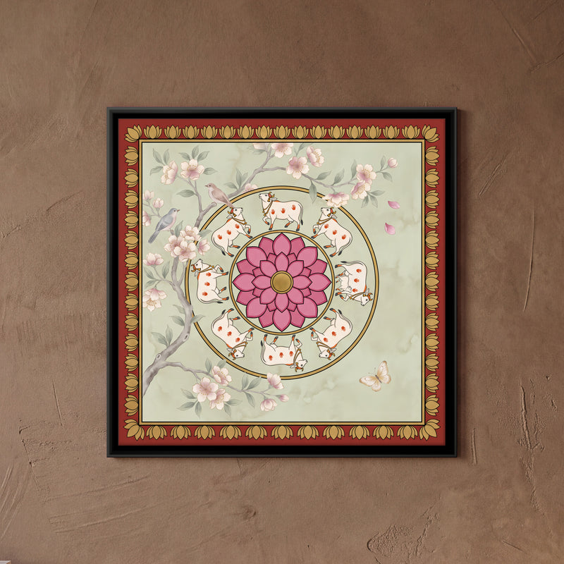 Cows Circling a Lotus Mandala - framed canvas art hung on a wall