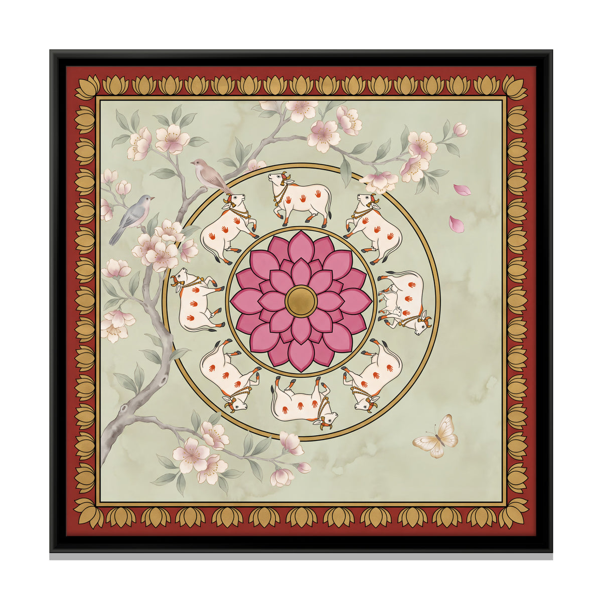 Cows Circling a Lotus Mandala - framed canvas print, front view