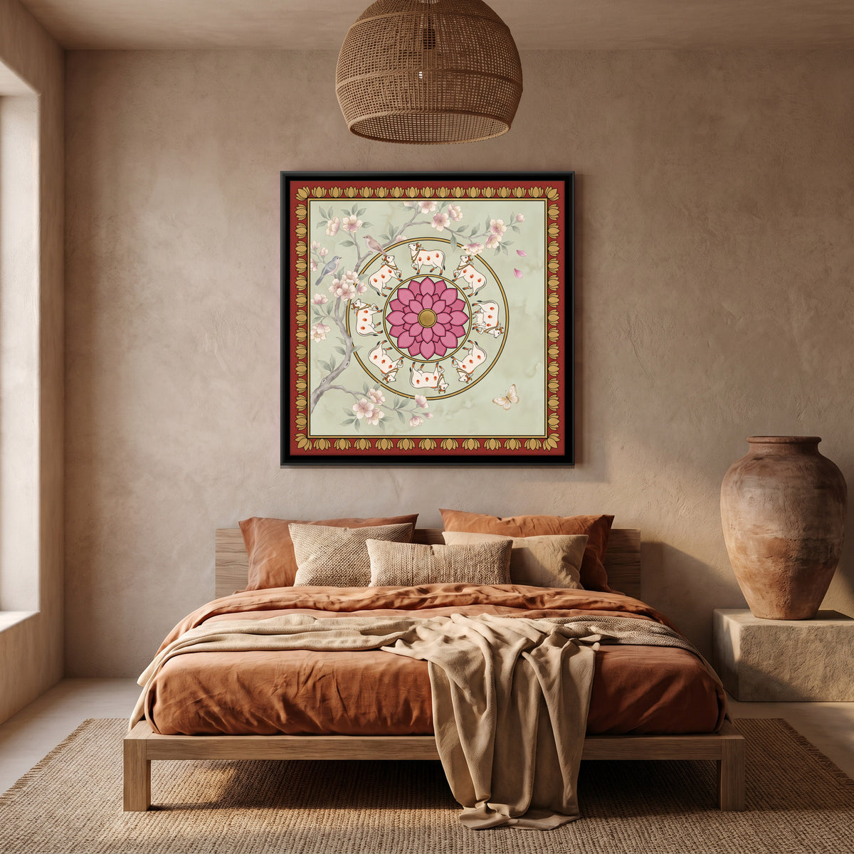 Cows Circling a Lotus Mandala - canvas art shown in a styled room