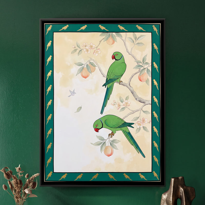 Parakeets on a Fruiting Branch - framed canvas art hung on a wall