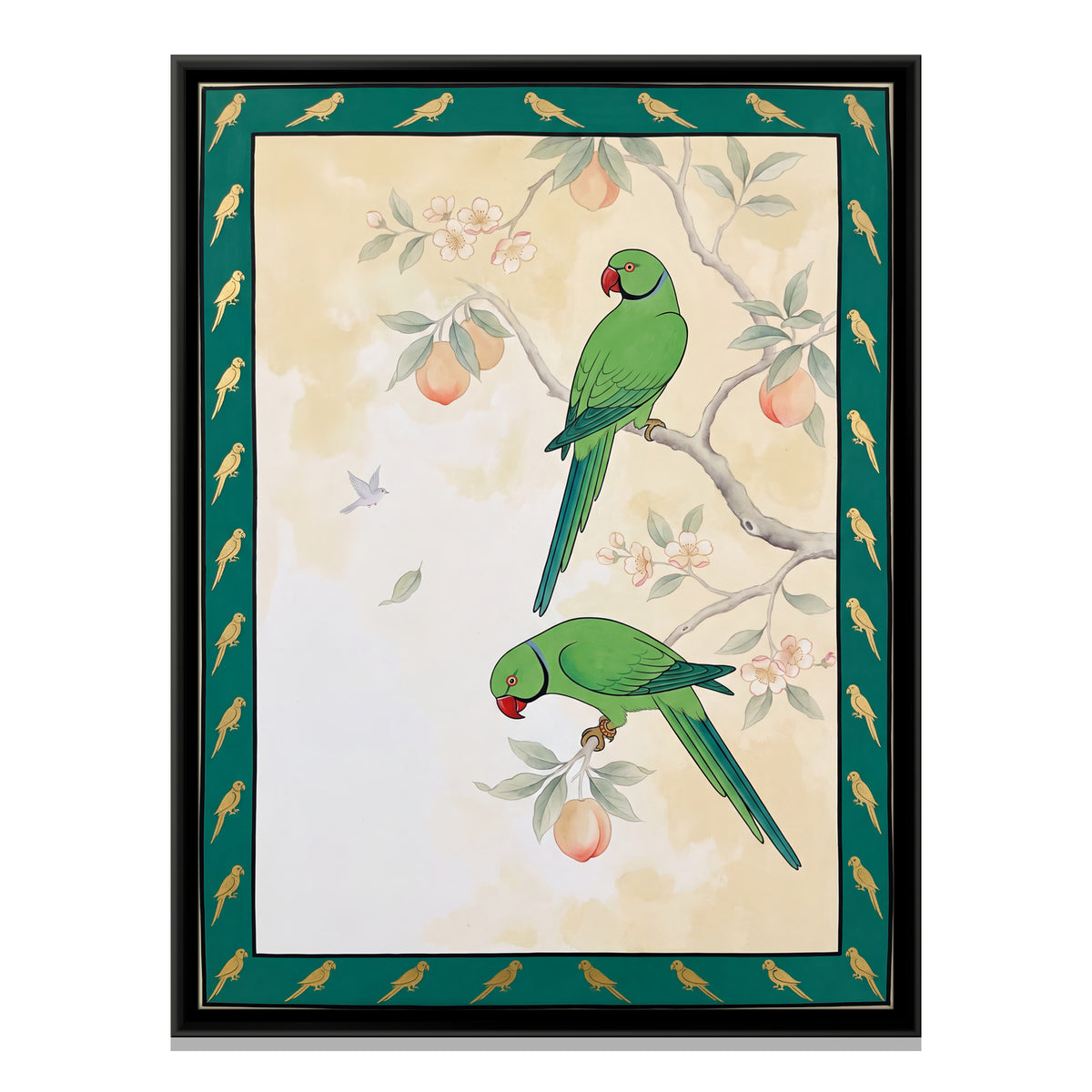 Parakeets on a Fruiting Branch - framed canvas print, front view