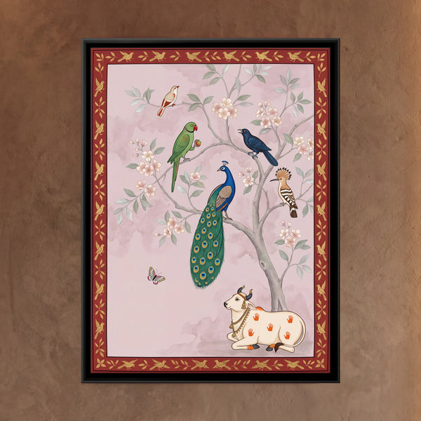 Flowering Tree with Peacock, Birds, and Cow