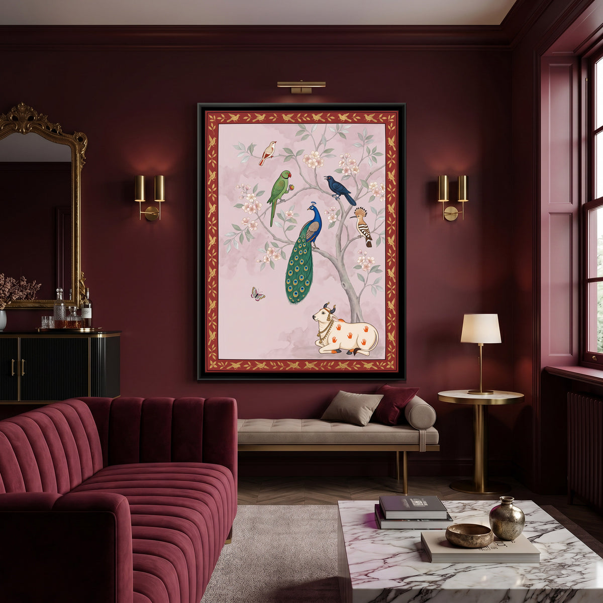 Flowering Tree with Peacock and Cow - canvas art shown in a styled room