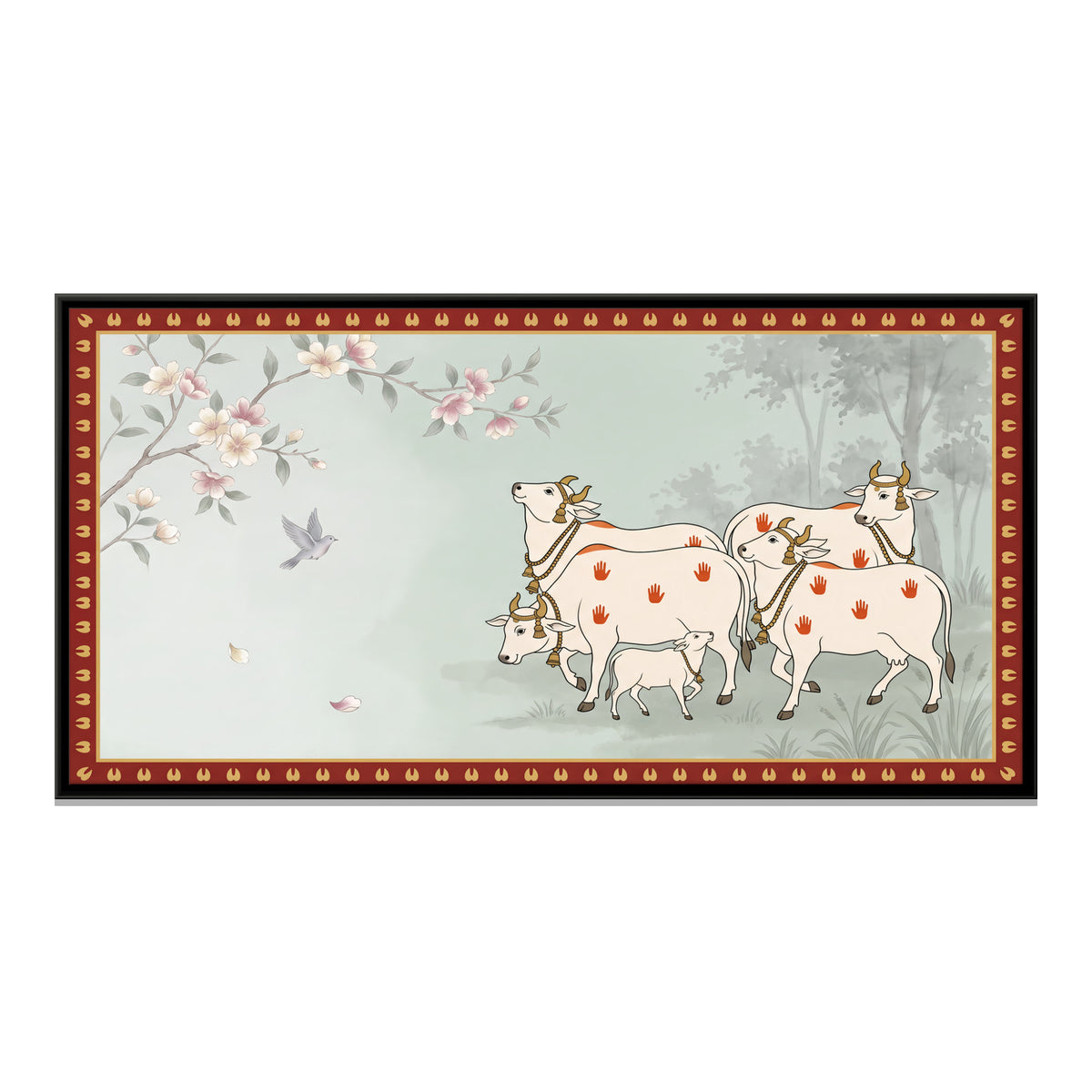 Cows and Calf Beneath Blossoms - framed canvas print, front view