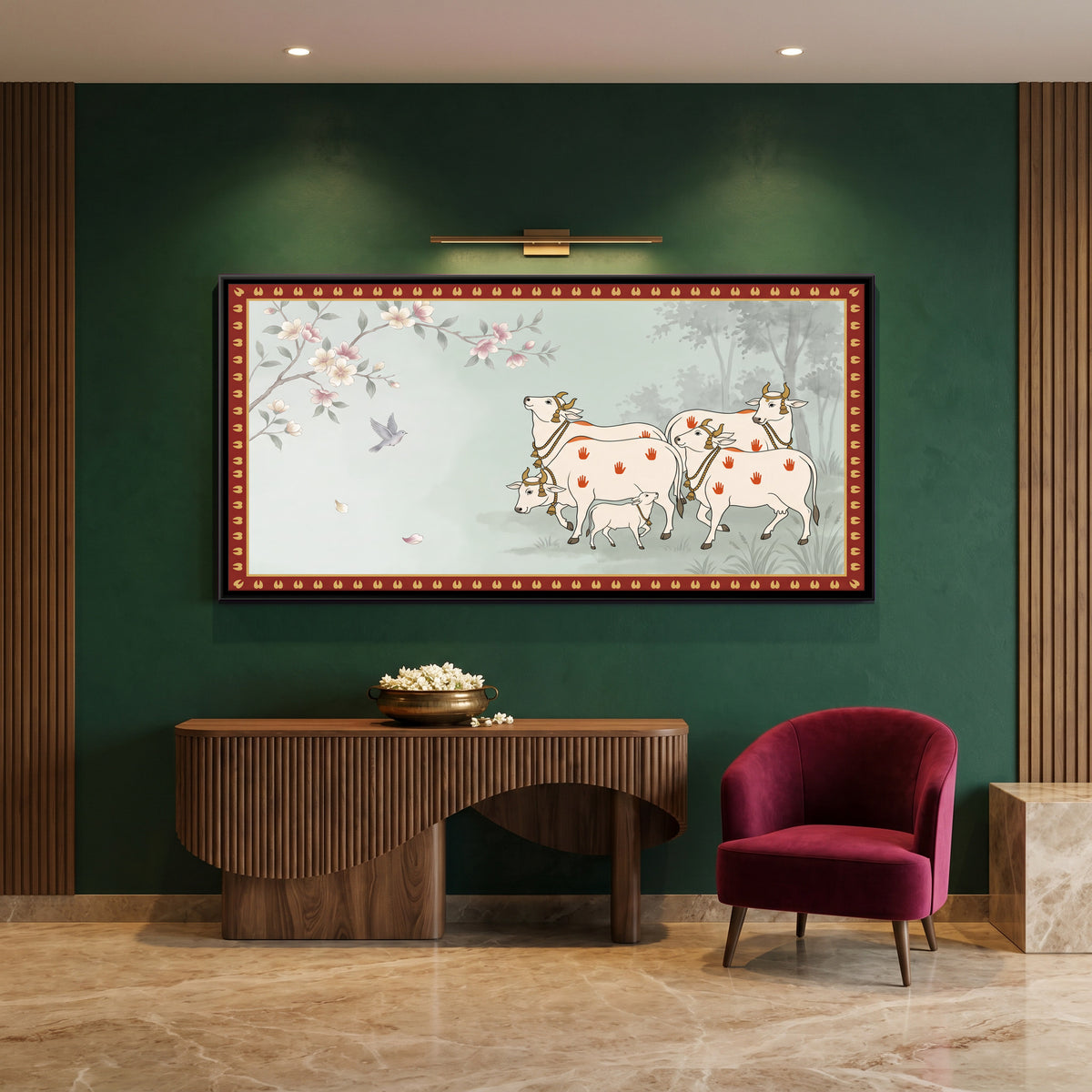 Cows and Calf Beneath Blossoms - canvas art shown in a styled room
