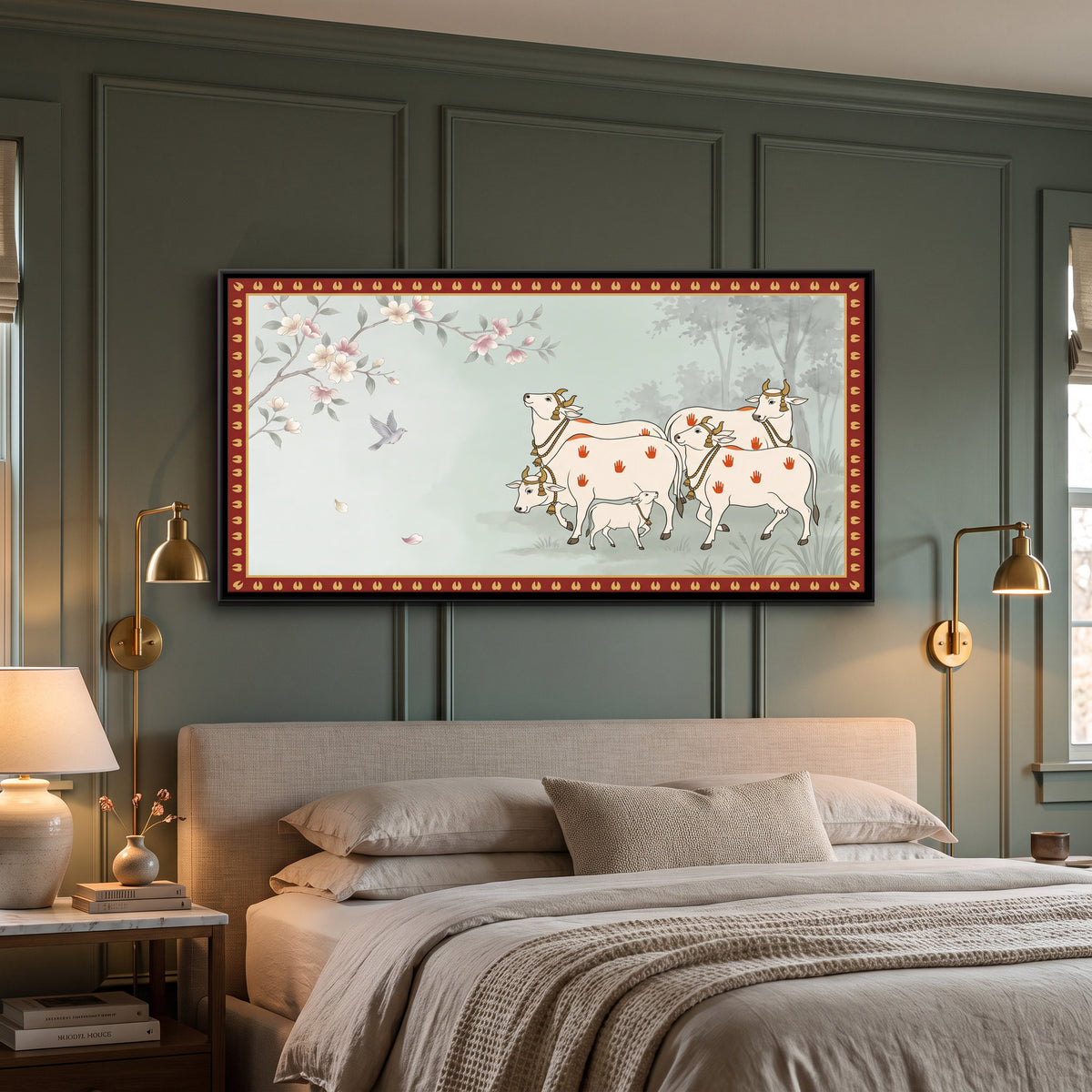 Cows and Calf Beneath Blossoms - canvas art shown in a second room setting
