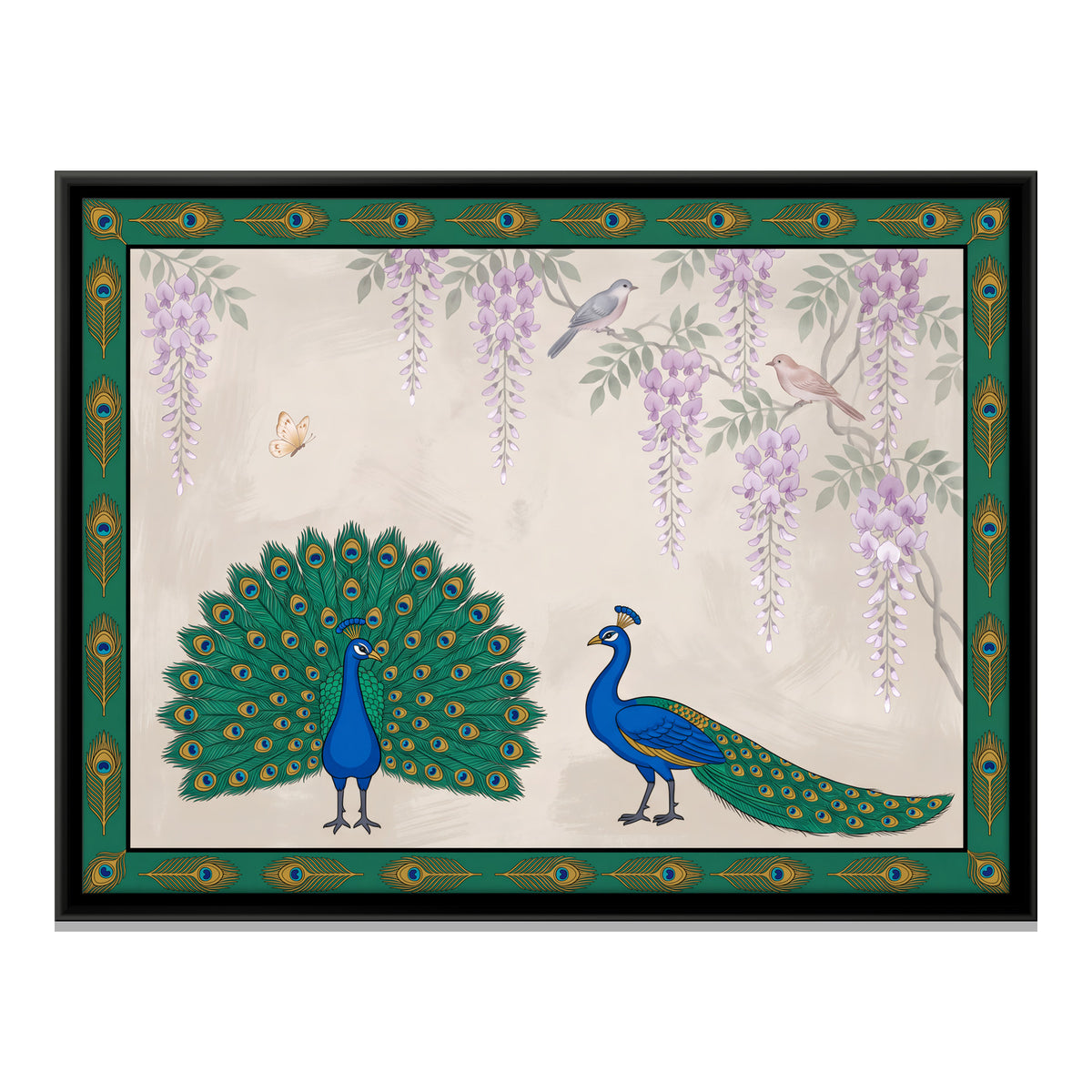 Peacock Pair Beneath Wisteria - framed canvas print, front view