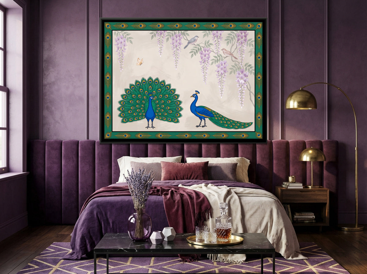 Peacock Pair Beneath Wisteria - canvas art shown in a second room setting